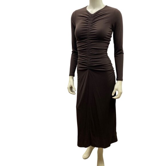 MICHAEL KORS $145 Brown Ruched Long Sleeve Midi‎ Dress With V-Neckline SM NWT - Picture 1 of 12